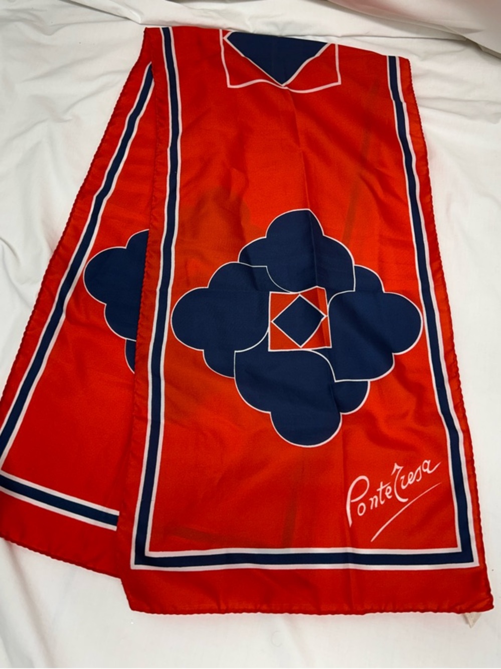 Vintage Ponte Teresa Red and Navy Geometric Silk-Feel Scarf